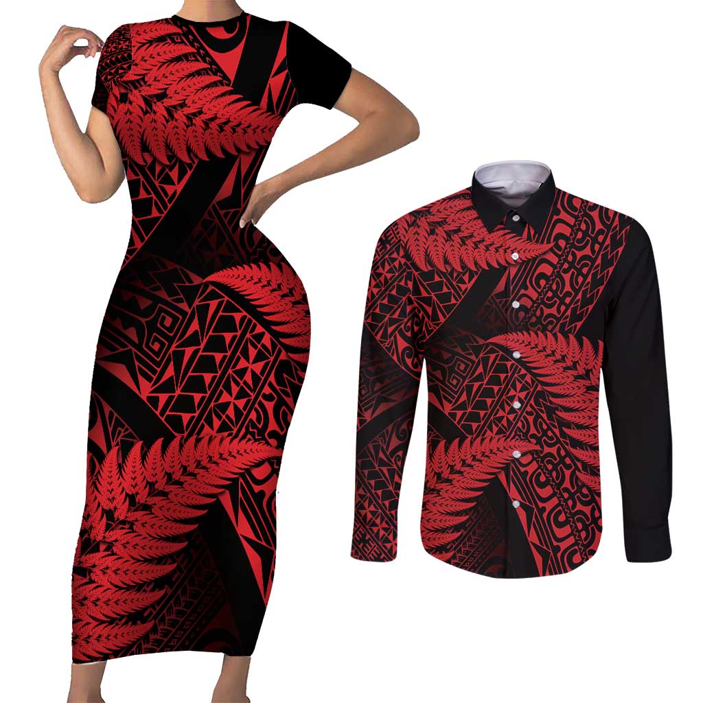 New Zealand Rugby Pacific Personalised Couples Matching Short Sleeve Bodycon Dress and Long Sleeve Button Shirt All Red Maori Pasifika Fern Pattern