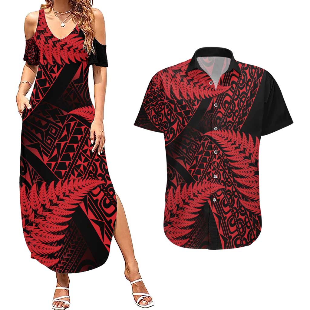New Zealand Rugby Pacific Personalised Couples Matching Summer Maxi Dress and Hawaiian Shirt All Red Maori Pasifika Fern Pattern