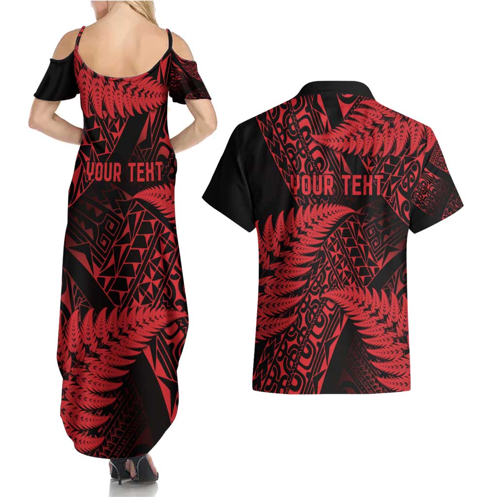 New Zealand Rugby Pacific Personalised Couples Matching Summer Maxi Dress and Hawaiian Shirt All Red Maori Pasifika Fern Pattern
