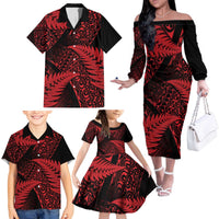 New Zealand Rugby Pacific Personalised Family Matching Off The Shoulder Long Sleeve Dress and Hawaiian Shirt All Red Maori Pasifika Fern Pattern