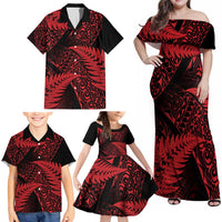 New Zealand Rugby Pacific Personalised Family Matching Off Shoulder Maxi Dress and Hawaiian Shirt All Red Maori Pasifika Fern Pattern