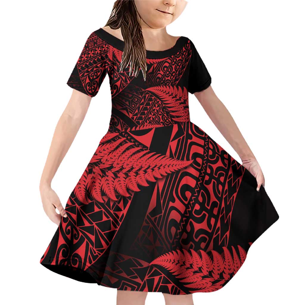 New Zealand Rugby Pacific Personalised Family Matching Off Shoulder Short Dress and Hawaiian Shirt All Red Maori Pasifika Fern Pattern