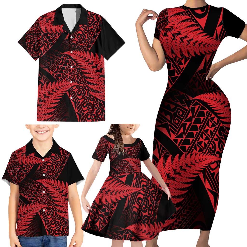 New Zealand Rugby Pacific Personalised Family Matching Short Sleeve Bodycon Dress and Hawaiian Shirt All Red Maori Pasifika Fern Pattern
