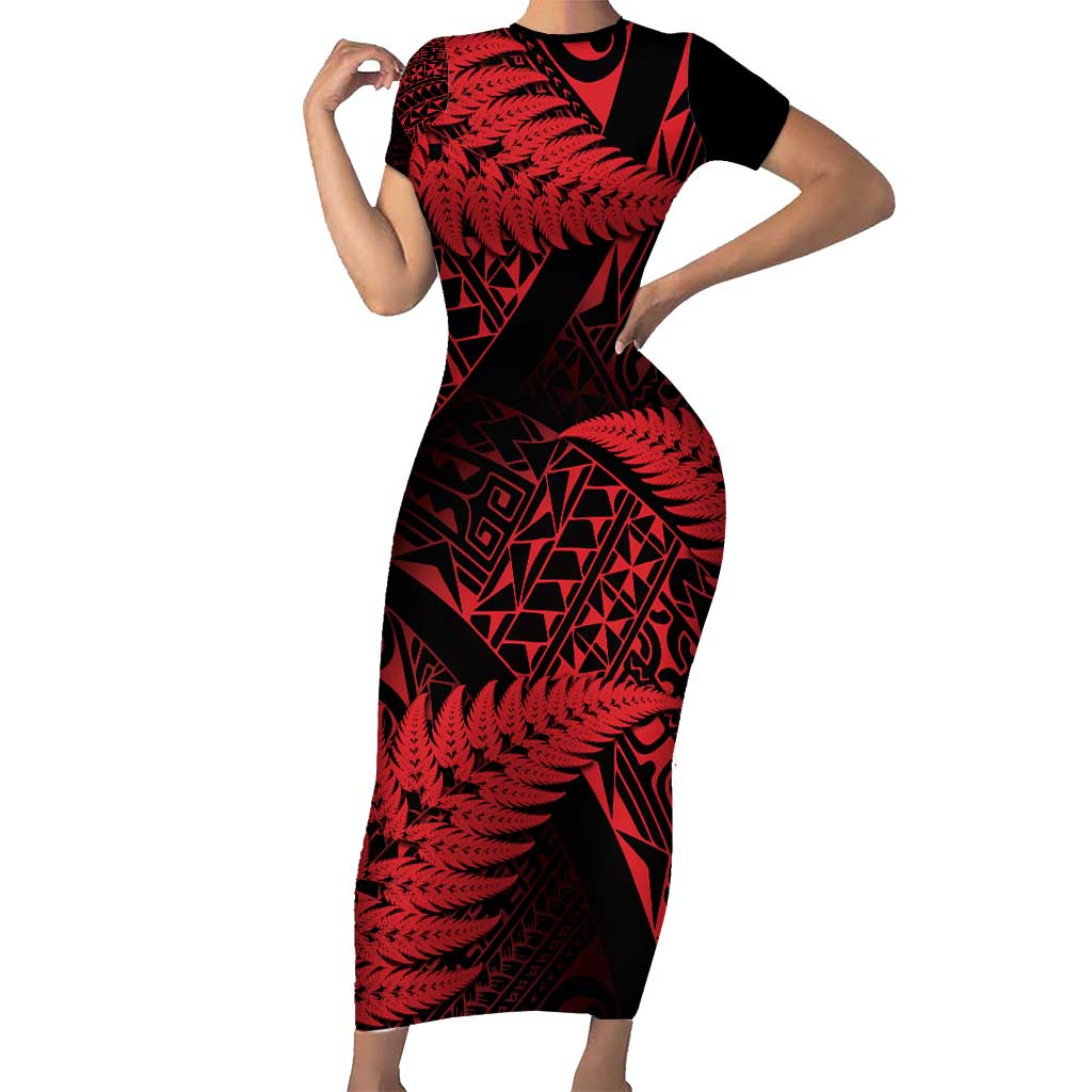 New Zealand Rugby Pacific Personalised Family Matching Short Sleeve Bodycon Dress and Hawaiian Shirt All Red Maori Pasifika Fern Pattern