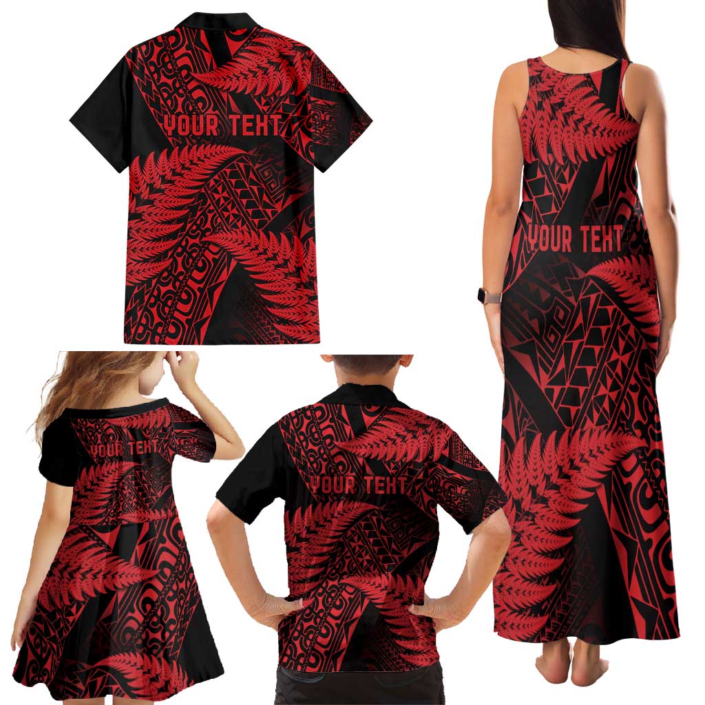 New Zealand Rugby Pacific Personalised Family Matching Tank Maxi Dress and Hawaiian Shirt All Red Maori Pasifika Fern Pattern