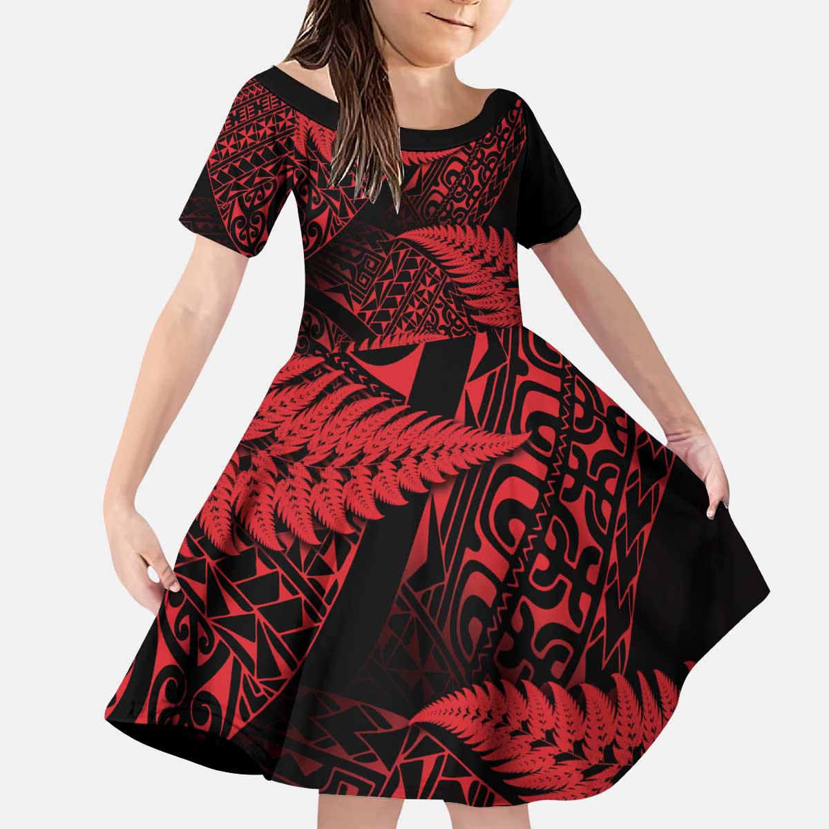New Zealand Rugby Pacific Personalised Kid Short Sleeve Dress All Red Maori Pasifika Fern Pattern