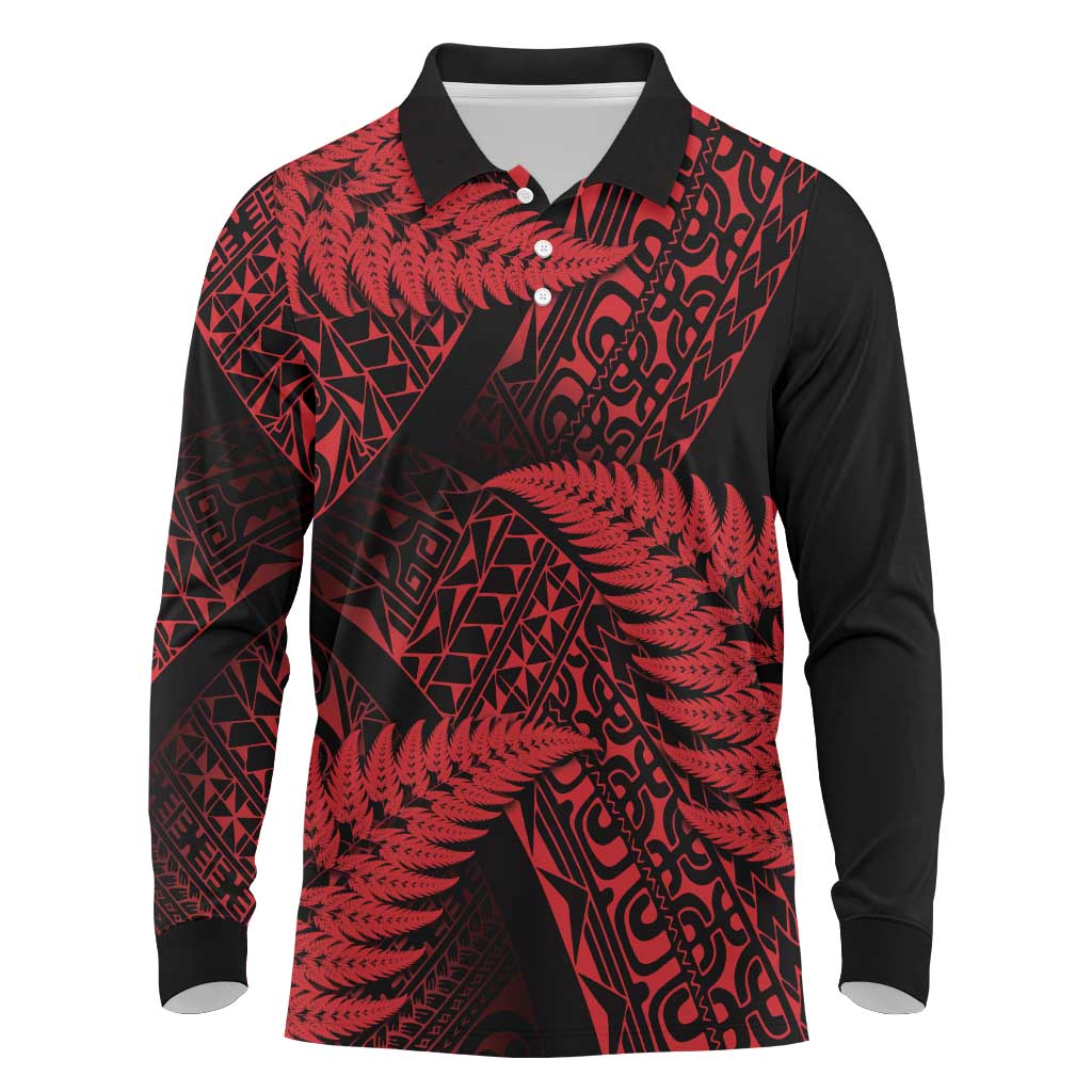 New Zealand Rugby Pacific Personalised Long Sleeve Polo Shirt All Red Maori Pasifika Fern Pattern