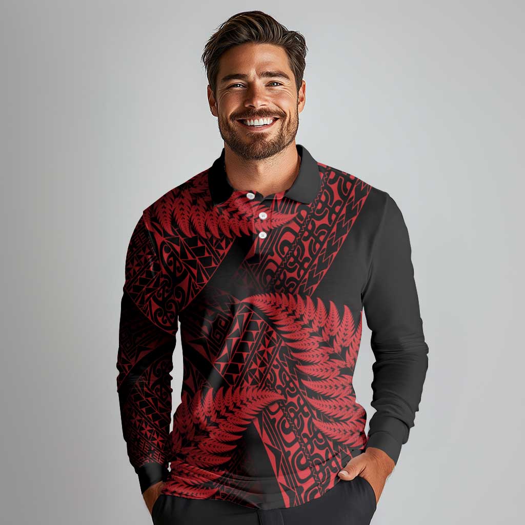 New Zealand Rugby Pacific Personalised Long Sleeve Polo Shirt All Red Maori Pasifika Fern Pattern
