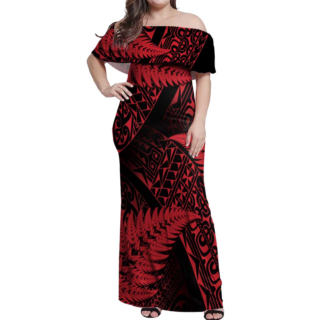 New Zealand Rugby Pacific Personalised Off Shoulder Maxi Dress All Red Maori Pasifika Fern Pattern