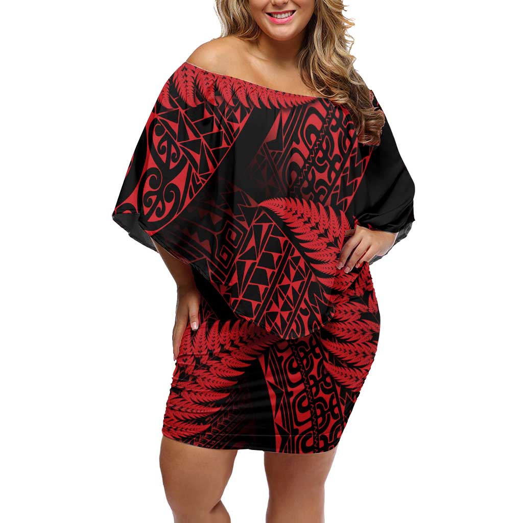 New Zealand Rugby Pacific Personalised Off Shoulder Short Dress All Red Maori Pasifika Fern Pattern