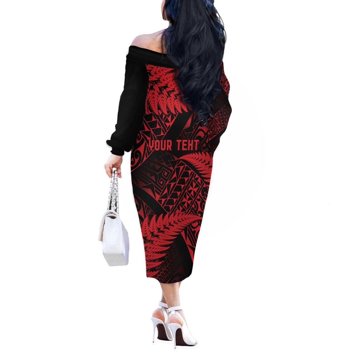 New Zealand Rugby Pacific Personalised Off The Shoulder Long Sleeve Dress All Red Maori Pasifika Fern Pattern