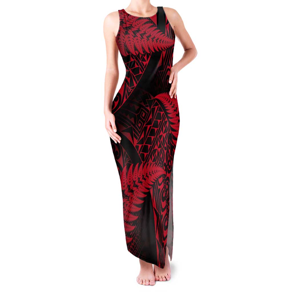 New Zealand Rugby Pacific Personalised Tank Maxi Dress All Red Maori Pasifika Fern Pattern