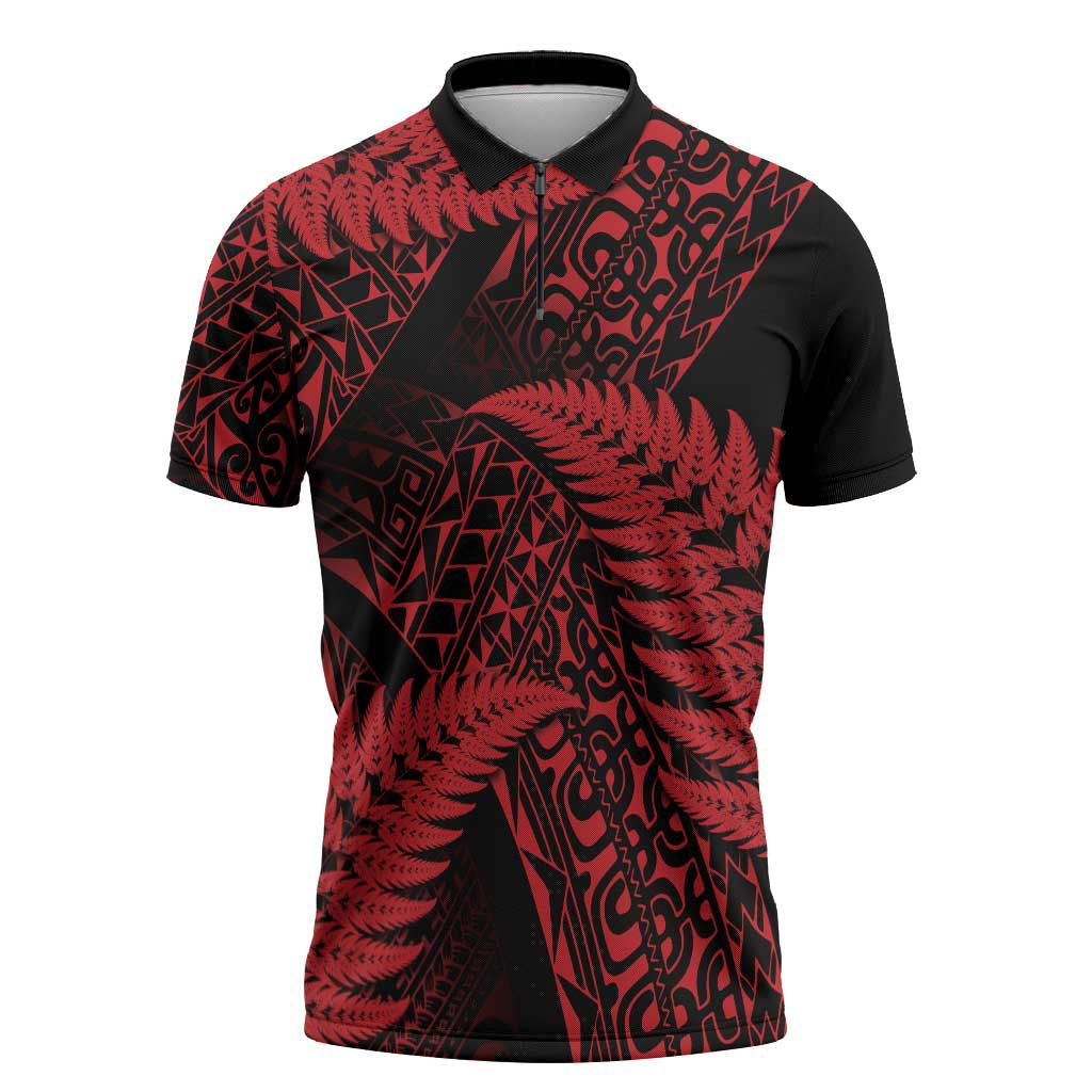 New Zealand Rugby Pacific Personalised Zipper Polo Shirt All Red Maori Pasifika Fern Pattern - Polynesian Pride