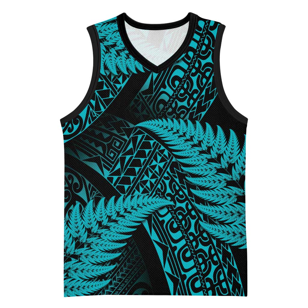 New Zealand Rugby Pacific Personalised Basketball Jersey All Turquoise Maori Pasifika Fern Pattern - Polynesian Pride