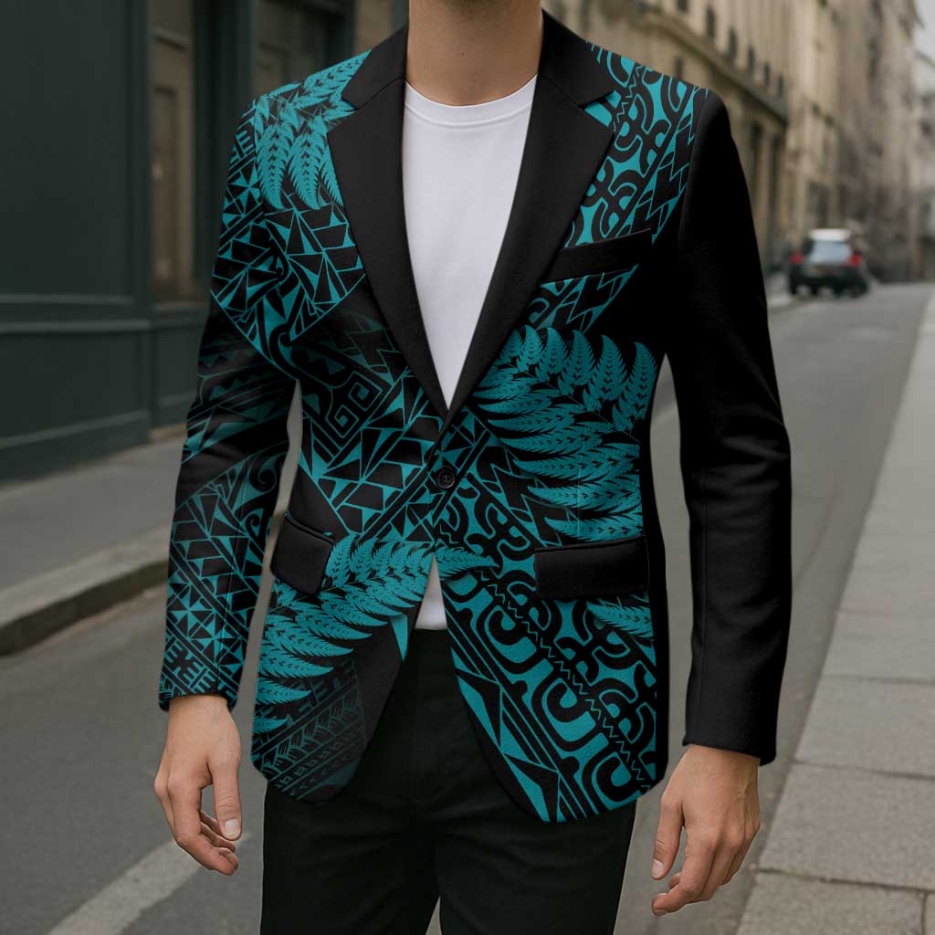 New Zealand Rugby Pacific Personalised Blazer All Turquoise Maori Pasifika Fern Pattern - Polynesian Pride