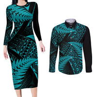 New Zealand Rugby Pacific Personalised Couples Matching Long Sleeve Bodycon Dress and Long Sleeve Button Shirt All Turquoise Maori Pasifika Fern Pattern