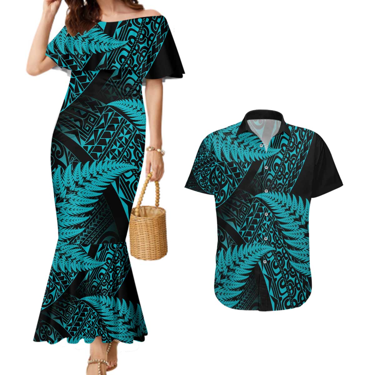 New Zealand Rugby Pacific Personalised Couples Matching Mermaid Dress and Hawaiian Shirt All Turquoise Maori Pasifika Fern Pattern