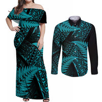New Zealand Rugby Pacific Personalised Couples Matching Off Shoulder Maxi Dress and Long Sleeve Button Shirt All Turquoise Maori Pasifika Fern Pattern
