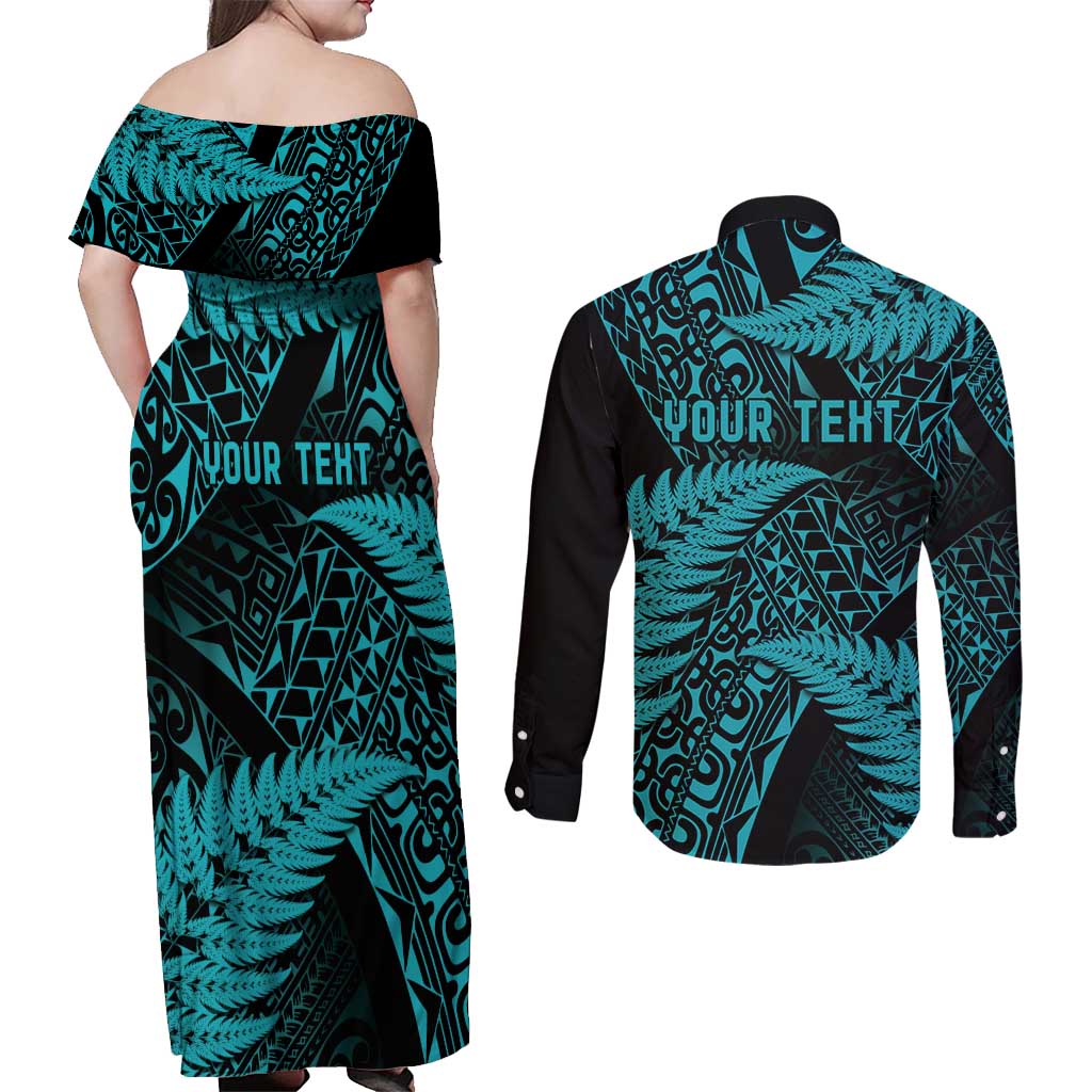 New Zealand Rugby Pacific Personalised Couples Matching Off Shoulder Maxi Dress and Long Sleeve Button Shirt All Turquoise Maori Pasifika Fern Pattern