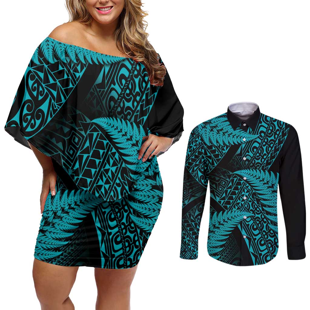 New Zealand Rugby Pacific Personalised Couples Matching Off Shoulder Short Dress and Long Sleeve Button Shirt All Turquoise Maori Pasifika Fern Pattern