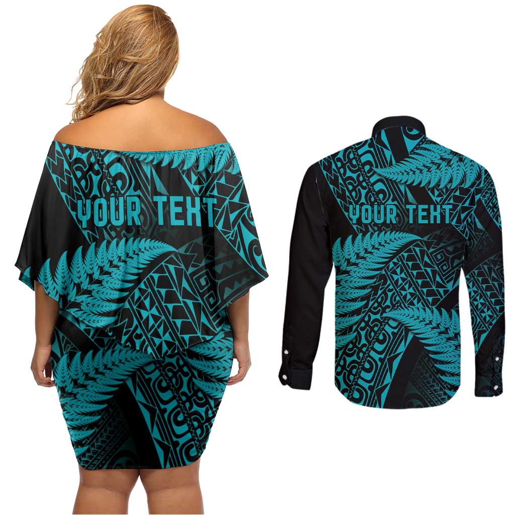 New Zealand Rugby Pacific Personalised Couples Matching Off Shoulder Short Dress and Long Sleeve Button Shirt All Turquoise Maori Pasifika Fern Pattern