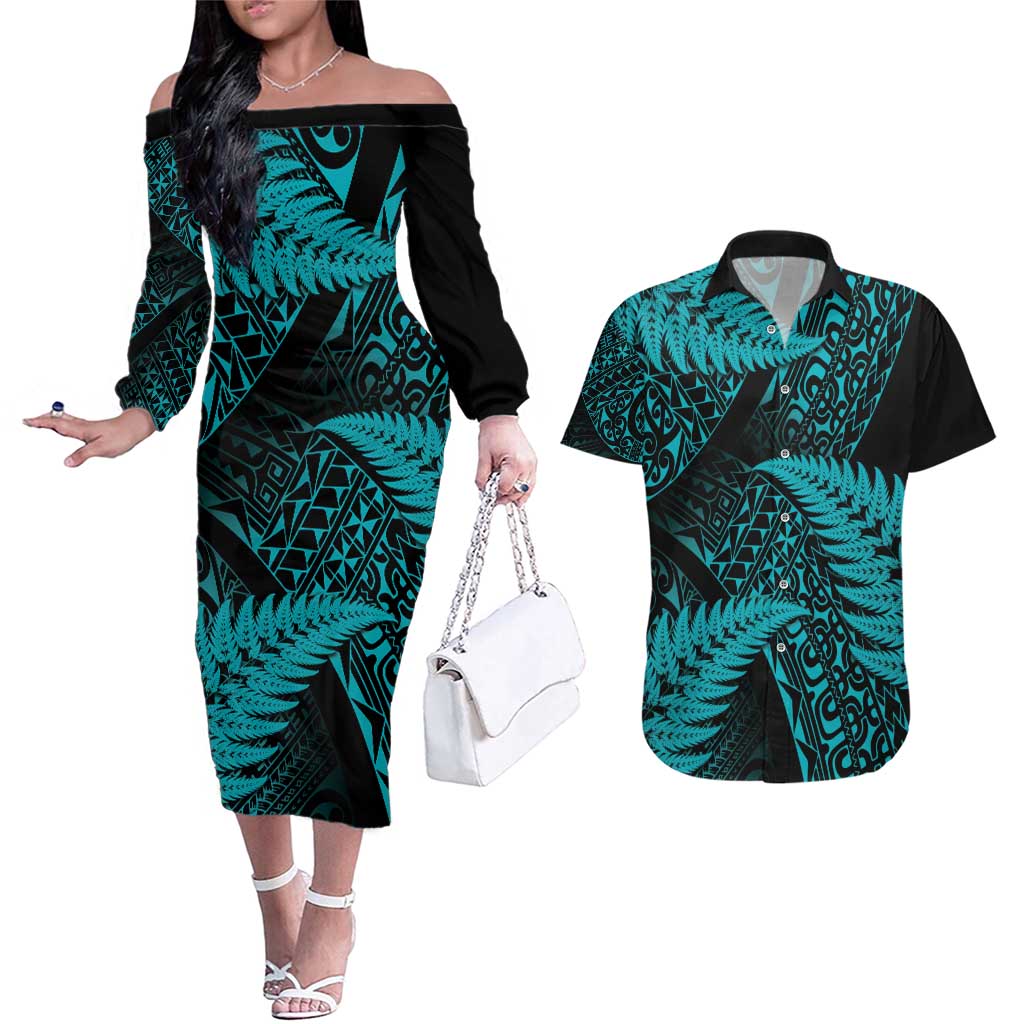 New Zealand Rugby Pacific Personalised Couples Matching Off The Shoulder Long Sleeve Dress and Hawaiian Shirt All Turquoise Maori Pasifika Fern Pattern