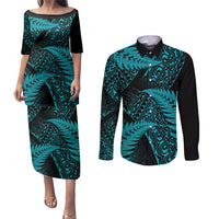 New Zealand Rugby Pacific Personalised Couples Matching Puletasi and Long Sleeve Button Shirt All Turquoise Maori Pasifika Fern Pattern