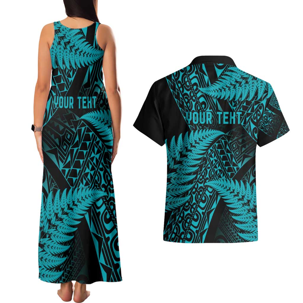 New Zealand Rugby Pacific Personalised Couples Matching Tank Maxi Dress and Hawaiian Shirt All Turquoise Maori Pasifika Fern Pattern