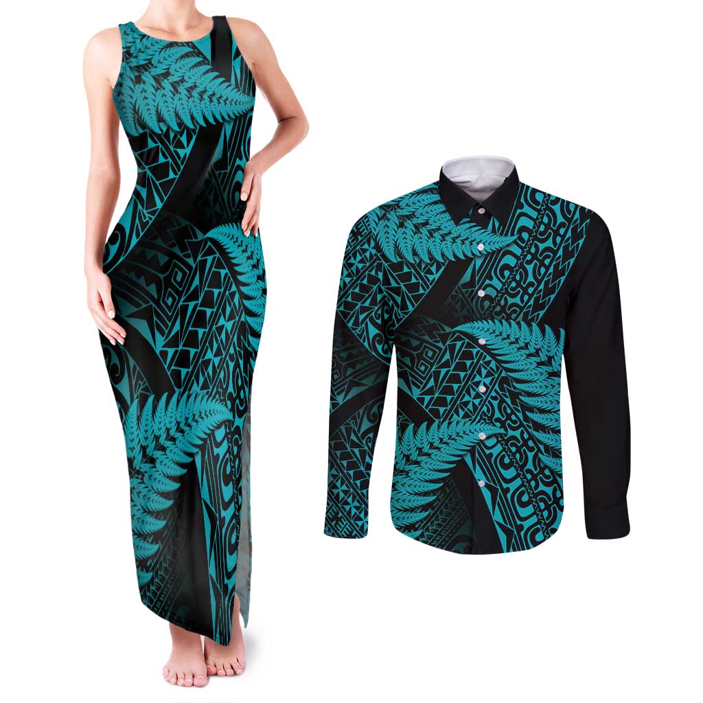 New Zealand Rugby Pacific Personalised Couples Matching Tank Maxi Dress and Long Sleeve Button Shirt All Turquoise Maori Pasifika Fern Pattern