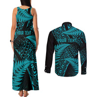 New Zealand Rugby Pacific Personalised Couples Matching Tank Maxi Dress and Long Sleeve Button Shirt All Turquoise Maori Pasifika Fern Pattern