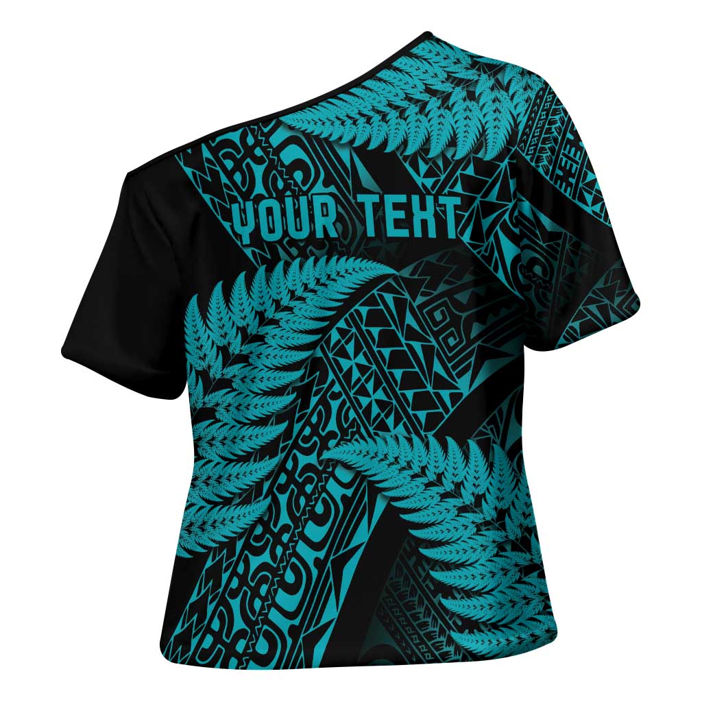 New Zealand Rugby Pacific Personalised Cross Shoulder Shirt All Turquoise Maori Pasifika Fern Pattern - Polynesian Pride