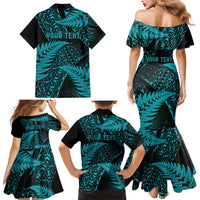 New Zealand Rugby Pacific Personalised Family Matching Mermaid Dress and Hawaiian Shirt All Turquoise Maori Pasifika Fern Pattern