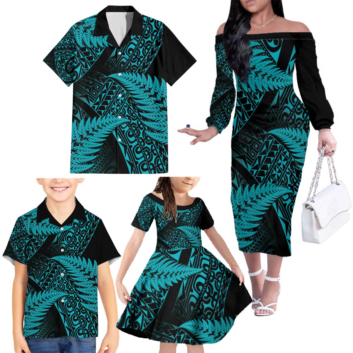 New Zealand Rugby Pacific Personalised Family Matching Off The Shoulder Long Sleeve Dress and Hawaiian Shirt All Turquoise Maori Pasifika Fern Pattern