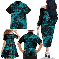 New Zealand Rugby Pacific Personalised Family Matching Off The Shoulder Long Sleeve Dress and Hawaiian Shirt All Turquoise Maori Pasifika Fern Pattern