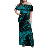 New Zealand Rugby Pacific Personalised Family Matching Off Shoulder Maxi Dress and Hawaiian Shirt All Turquoise Maori Pasifika Fern Pattern