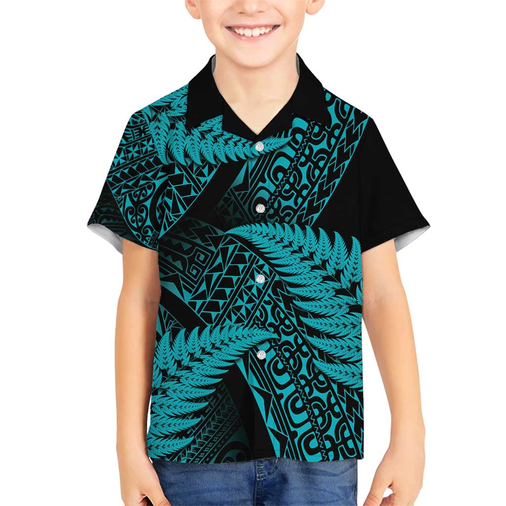 New Zealand Rugby Pacific Personalised Family Matching Off Shoulder Maxi Dress and Hawaiian Shirt All Turquoise Maori Pasifika Fern Pattern