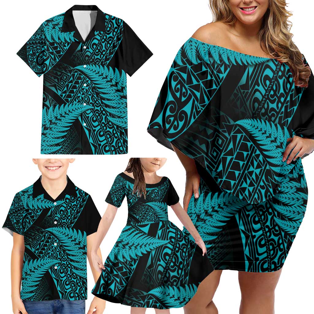 New Zealand Rugby Pacific Personalised Family Matching Off Shoulder Short Dress and Hawaiian Shirt All Turquoise Maori Pasifika Fern Pattern