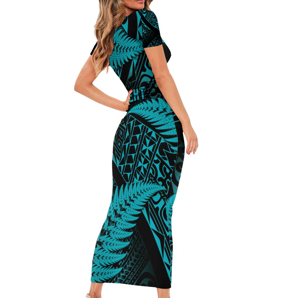 New Zealand Rugby Pacific Personalised Family Matching Short Sleeve Bodycon Dress and Hawaiian Shirt All Turquoise Maori Pasifika Fern Pattern