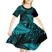 New Zealand Rugby Pacific Personalised Kid Short Sleeve Dress All Turquoise Maori Pasifika Fern Pattern