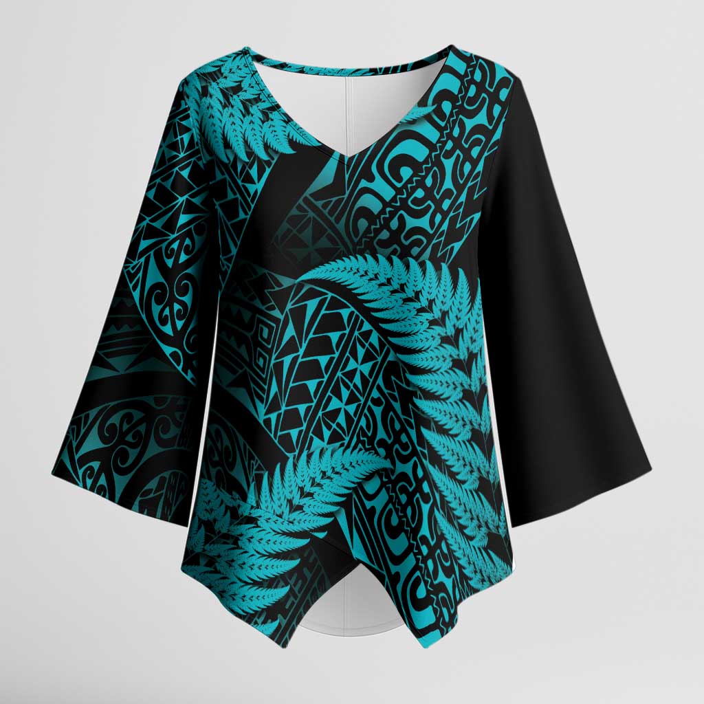 New Zealand Rugby Pacific Personalised Kimono Sleeve Blouse All Turquoise Maori Pasifika Fern Pattern - Polynesian Pride