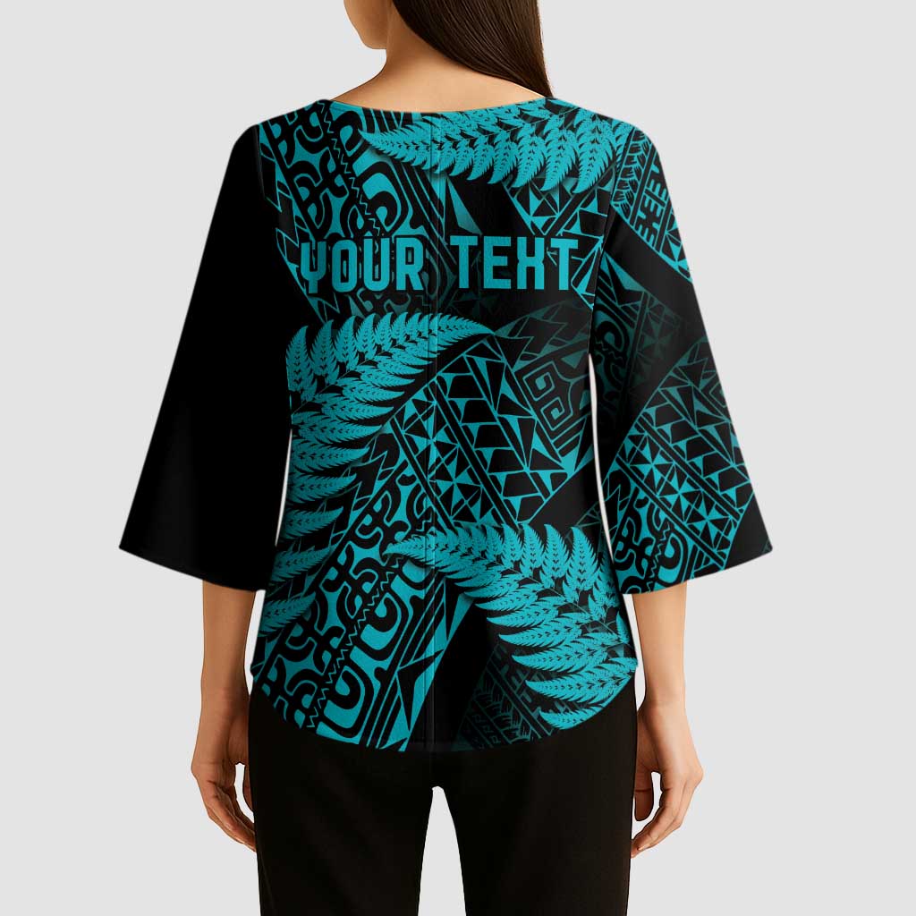 New Zealand Rugby Pacific Personalised Kimono Sleeve Blouse All Turquoise Maori Pasifika Fern Pattern - Polynesian Pride