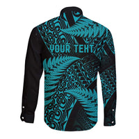 New Zealand Rugby Pacific Personalised Long Sleeve Button Shirt All Turquoise Maori Pasifika Fern Pattern