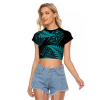 New Zealand Rugby Pacific Personalised Raglan Cropped T Shirt All Turquoise Maori Pasifika Fern Pattern