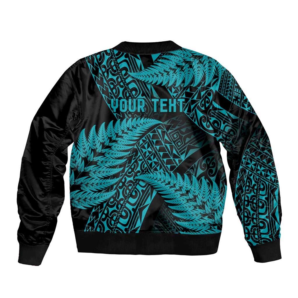 New Zealand Rugby Pacific Personalised Sleeve Zip Bomber Jacket All Turquoise Maori Pasifika Fern Pattern
