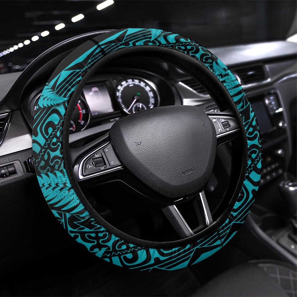 New Zealand Rugby Pacific Steering Wheel Cover All Turquoise Maori Pasifika Fern Pattern