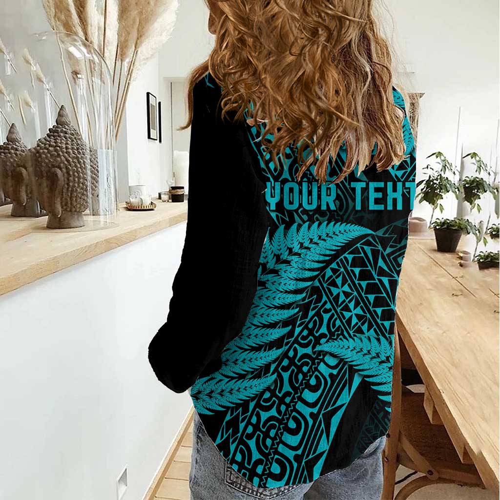 New Zealand Rugby Pacific Personalised Women Casual Shirt All Turquoise Maori Pasifika Fern Pattern