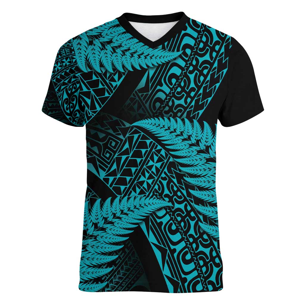 New Zealand Rugby Pacific Personalised Women V-Neck T-Shirt All Turquoise Maori Pasifika Fern Pattern
