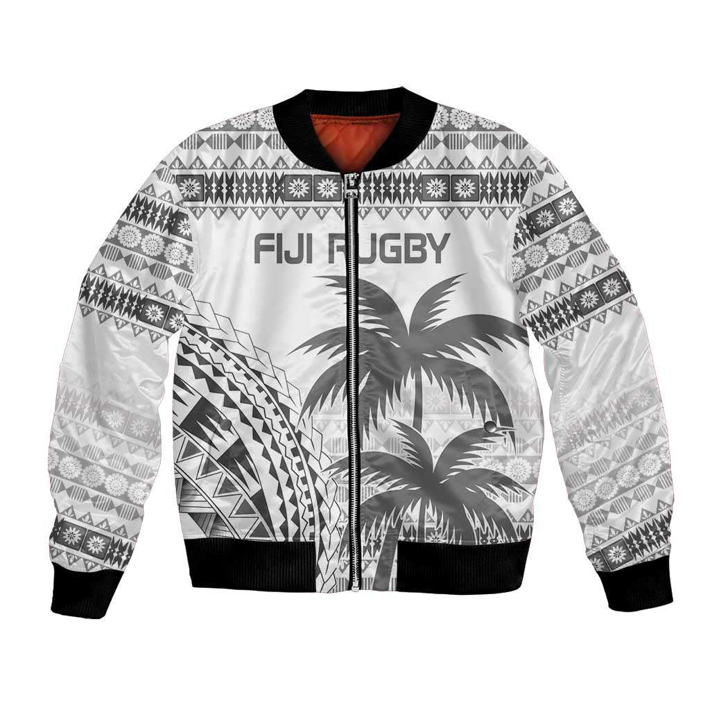 Custom Fiji Rugby Bomber Jacket Polynesian Fijian Masi Palm Tree