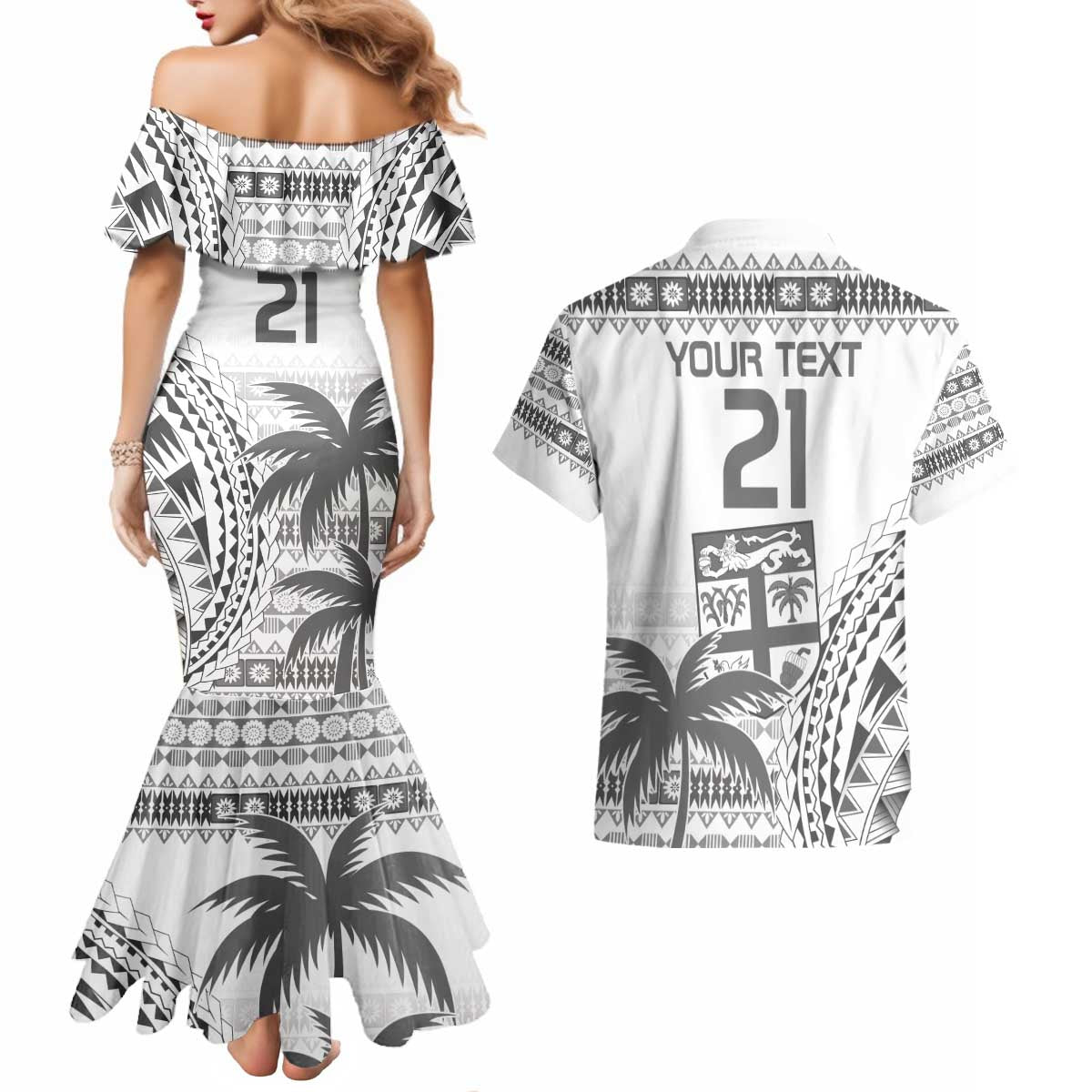 Custom Fiji Rugby Couples Matching Mermaid Dress and Hawaiian Shirt Polynesian Fijian Masi Palm Tree