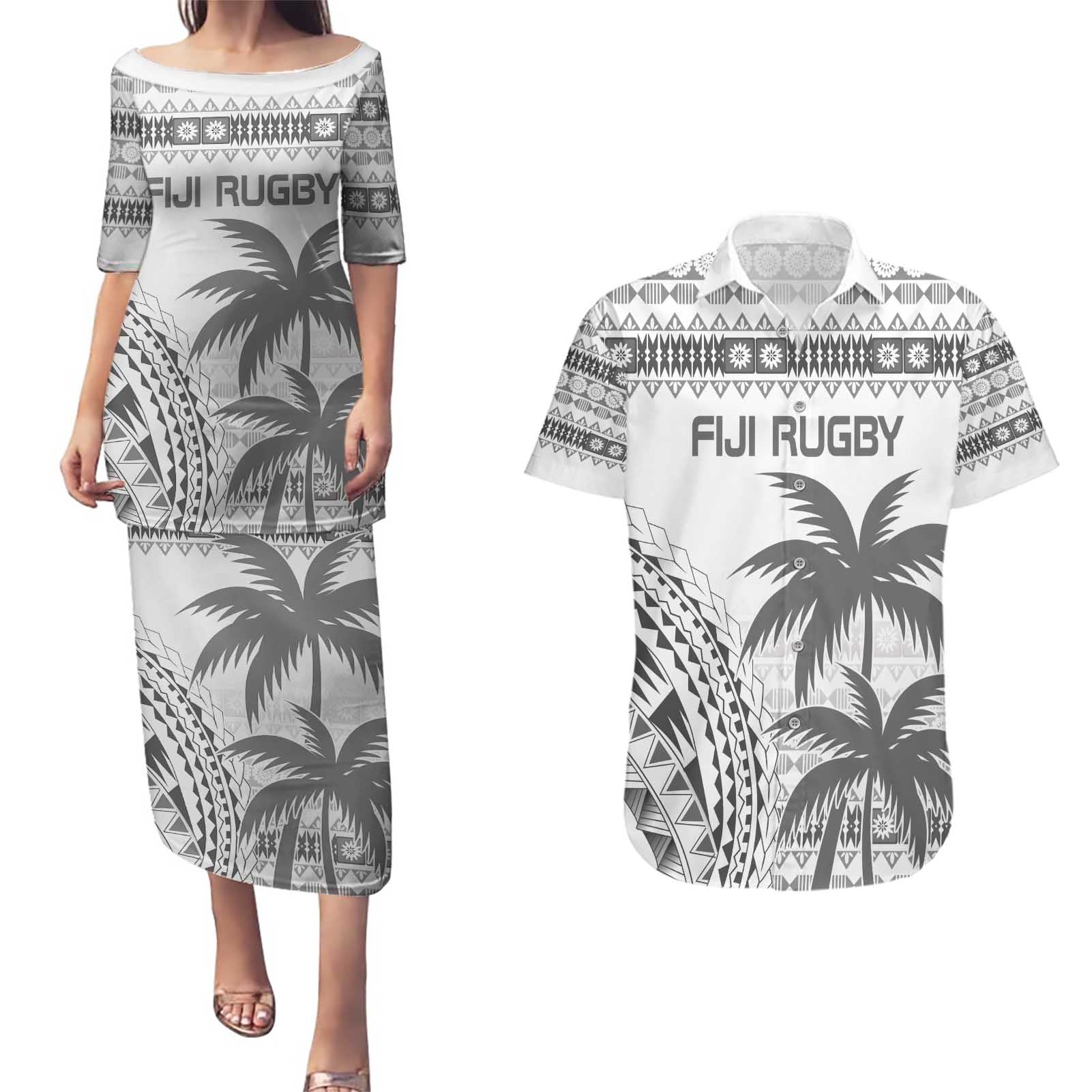 Custom Fiji Rugby Couples Matching Puletasi and Hawaiian Shirt Polynesian Fijian Masi Palm Tree